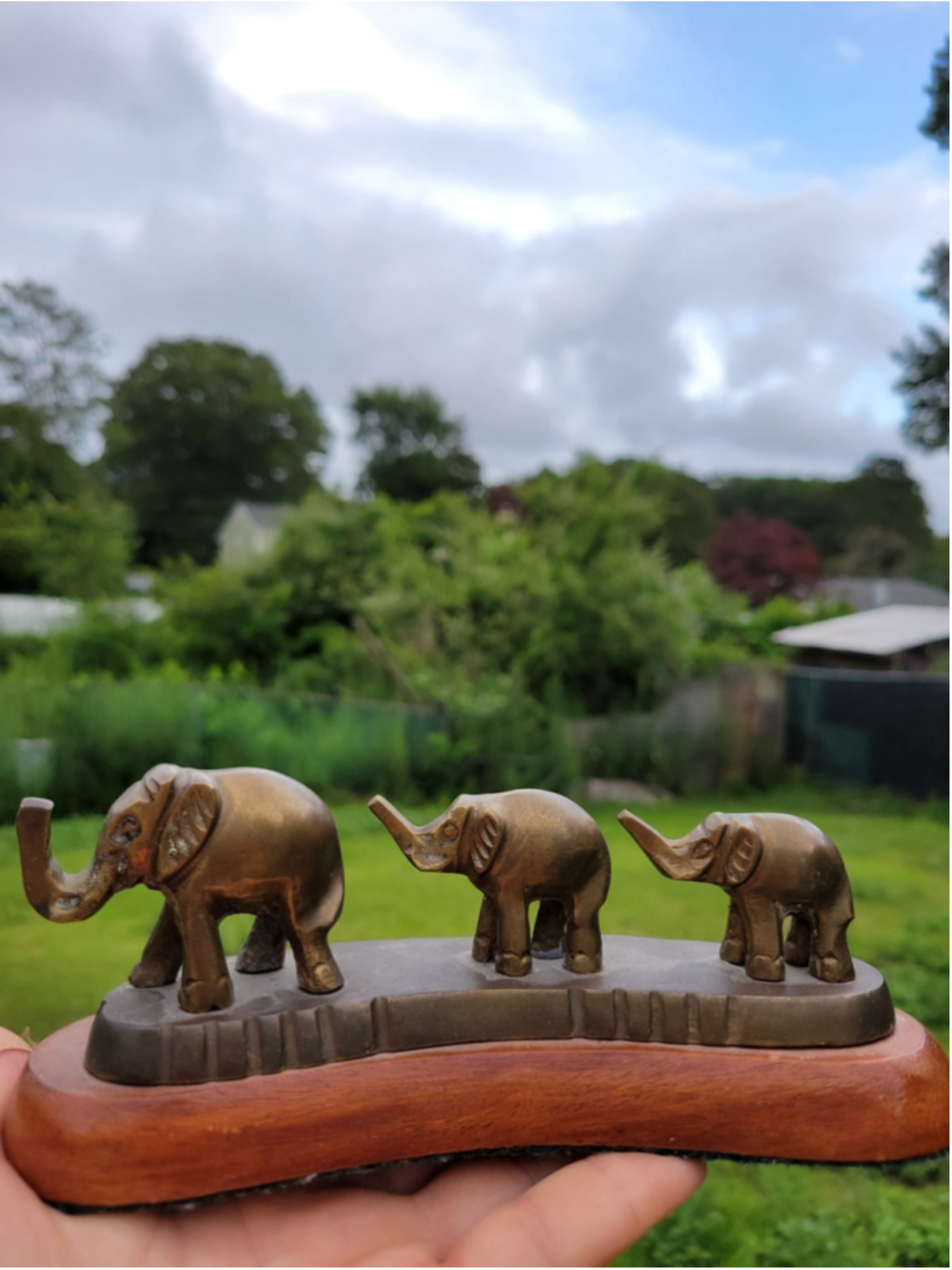 Peace Harmony Solid Brass Elephant Trio Wooden Base Figurine 7 x 2" Paperweight